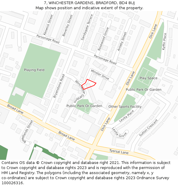 7, WINCHESTER GARDENS, BRADFORD, BD4 8UJ: Location map and indicative extent of plot