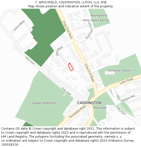 7, WINCHFIELD, CADDINGTON, LUTON, LU1 4NE: Location map and indicative extent of plot