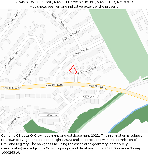 7, WINDERMERE CLOSE, MANSFIELD WOODHOUSE, MANSFIELD, NG19 9FD: Location map and indicative extent of plot