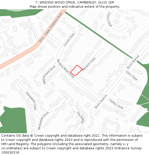 7, WINDING WOOD DRIVE, CAMBERLEY, GU15 1ER: Location map and indicative extent of plot