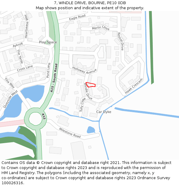 7, WINDLE DRIVE, BOURNE, PE10 0DB: Location map and indicative extent of plot