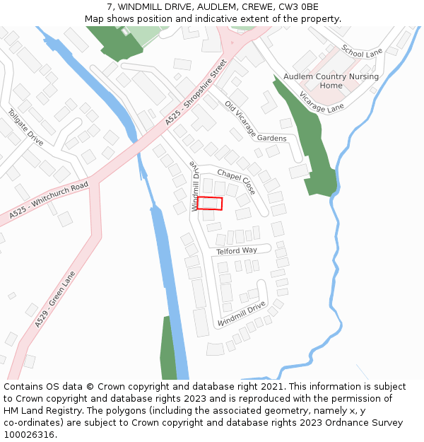 7, WINDMILL DRIVE, AUDLEM, CREWE, CW3 0BE: Location map and indicative extent of plot