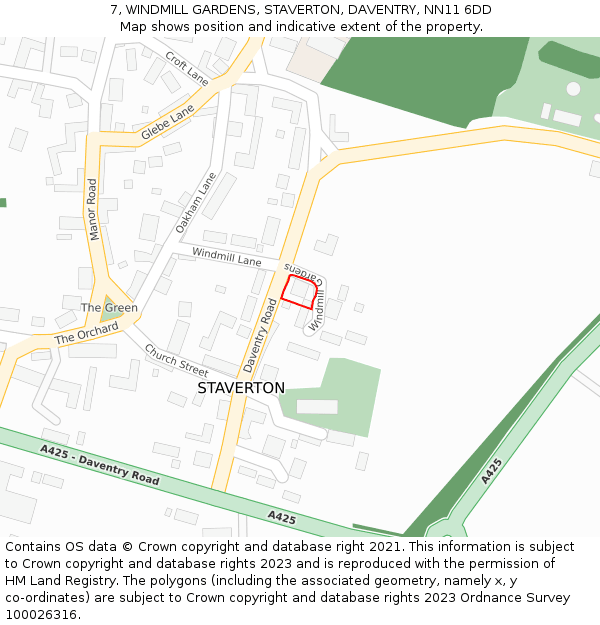 7, WINDMILL GARDENS, STAVERTON, DAVENTRY, NN11 6DD: Location map and indicative extent of plot