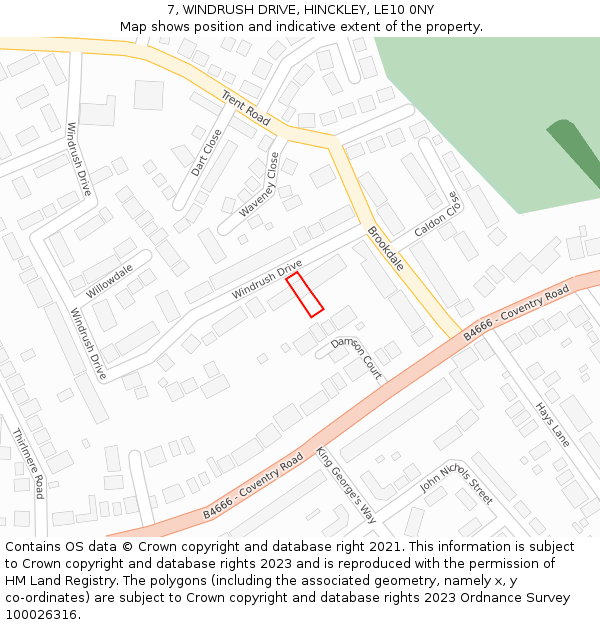 7, WINDRUSH DRIVE, HINCKLEY, LE10 0NY: Location map and indicative extent of plot