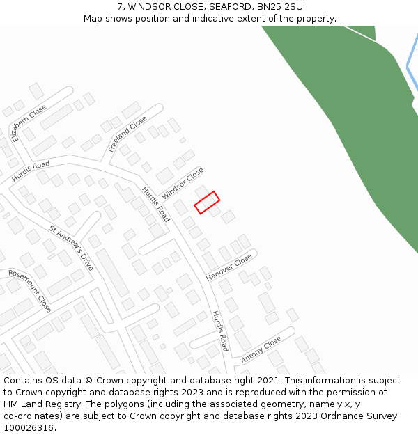7, WINDSOR CLOSE, SEAFORD, BN25 2SU: Location map and indicative extent of plot