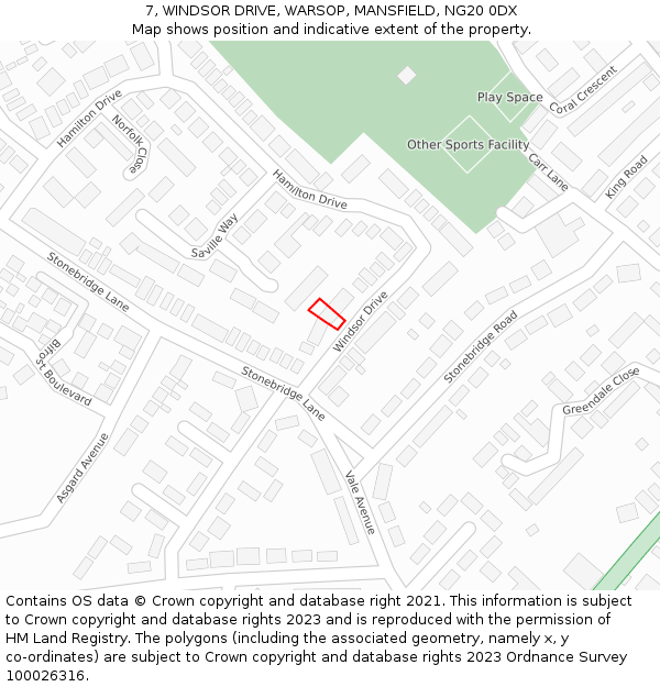 7, WINDSOR DRIVE, WARSOP, MANSFIELD, NG20 0DX: Location map and indicative extent of plot