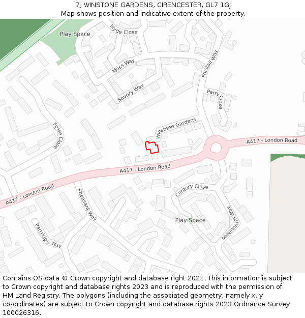 7, WINSTONE GARDENS, CIRENCESTER, GL7 1GJ: Location map and indicative extent of plot
