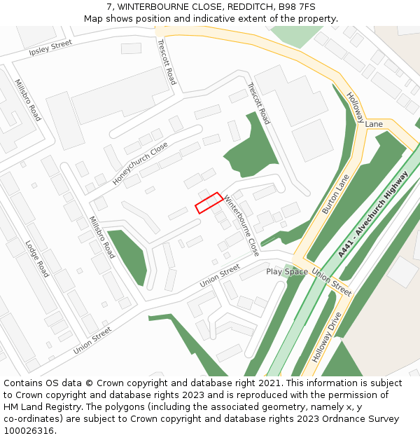 7, WINTERBOURNE CLOSE, REDDITCH, B98 7FS: Location map and indicative extent of plot