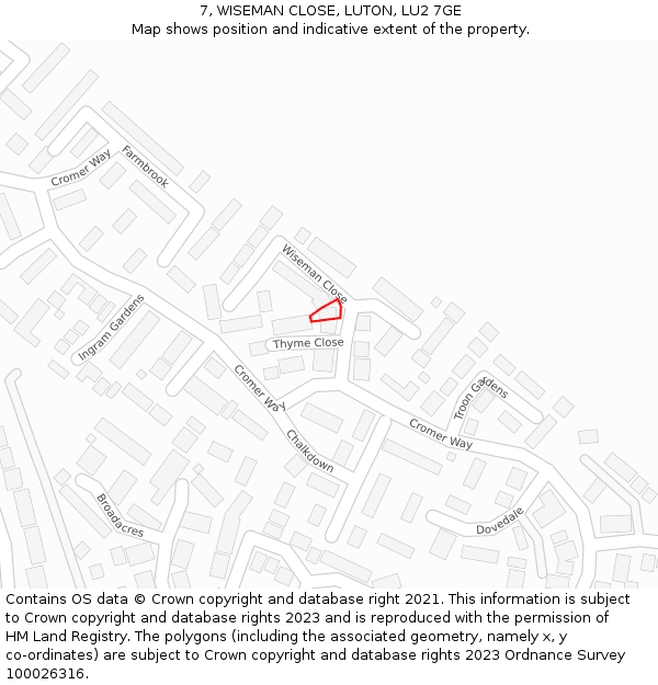 7, WISEMAN CLOSE, LUTON, LU2 7GE: Location map and indicative extent of plot