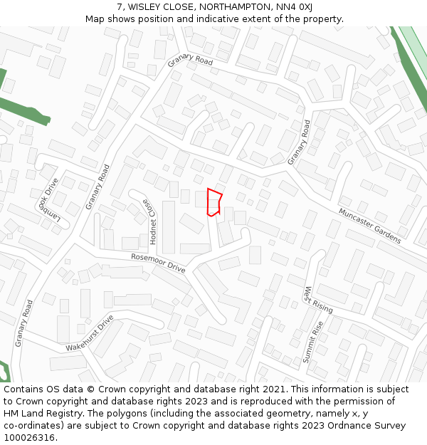 7, WISLEY CLOSE, NORTHAMPTON, NN4 0XJ: Location map and indicative extent of plot