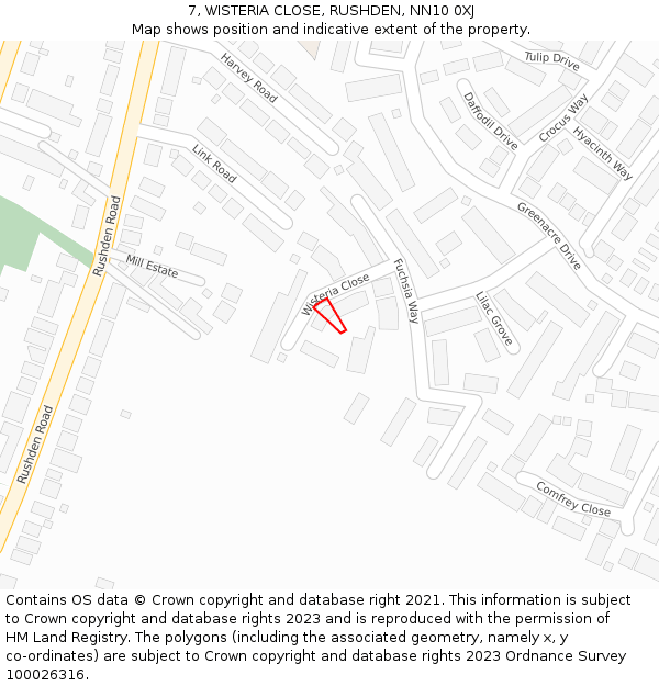 7, WISTERIA CLOSE, RUSHDEN, NN10 0XJ: Location map and indicative extent of plot