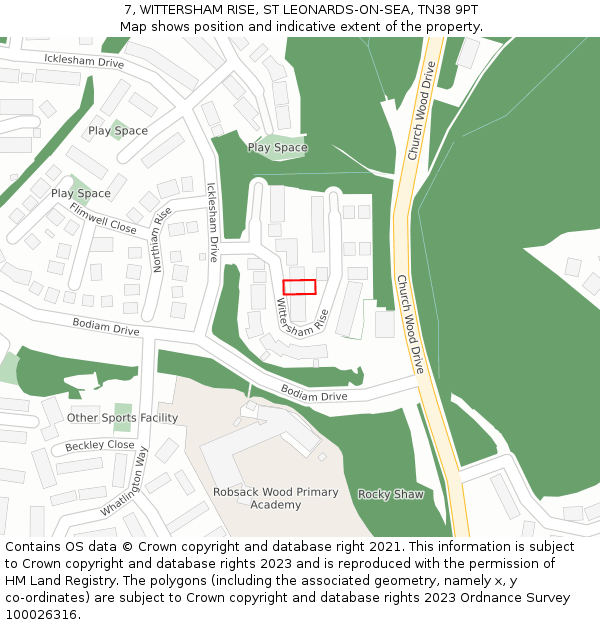 7, WITTERSHAM RISE, ST LEONARDS-ON-SEA, TN38 9PT: Location map and indicative extent of plot