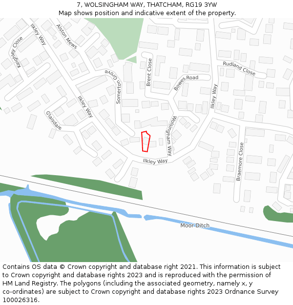 7, WOLSINGHAM WAY, THATCHAM, RG19 3YW: Location map and indicative extent of plot