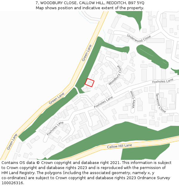 7, WOODBURY CLOSE, CALLOW HILL, REDDITCH, B97 5YQ: Location map and indicative extent of plot