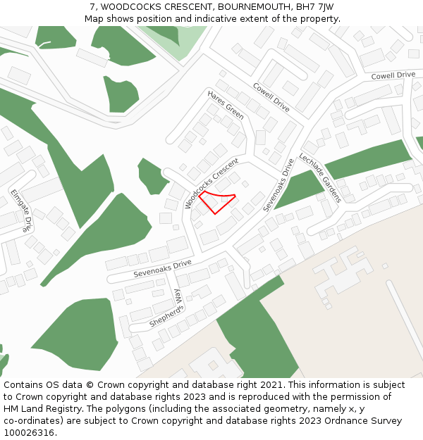 7, WOODCOCKS CRESCENT, BOURNEMOUTH, BH7 7JW: Location map and indicative extent of plot