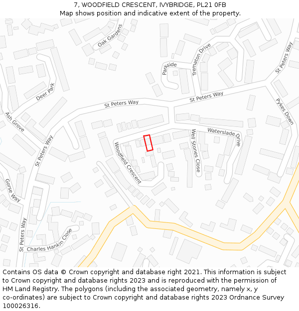 7, WOODFIELD CRESCENT, IVYBRIDGE, PL21 0FB: Location map and indicative extent of plot