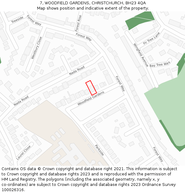 7, WOODFIELD GARDENS, CHRISTCHURCH, BH23 4QA: Location map and indicative extent of plot