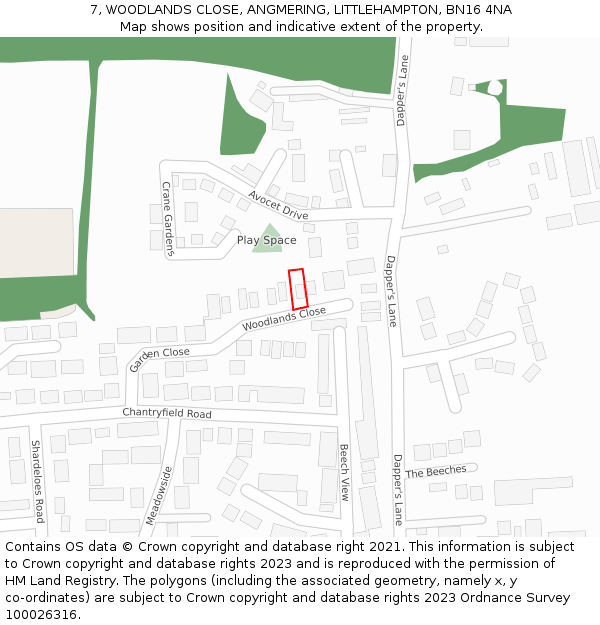 7, WOODLANDS CLOSE, ANGMERING, LITTLEHAMPTON, BN16 4NA: Location map and indicative extent of plot