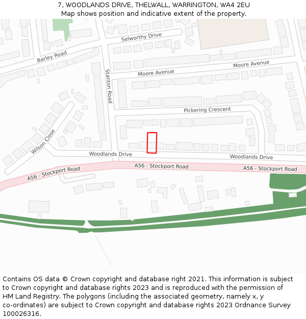 7, WOODLANDS DRIVE, THELWALL, WARRINGTON, WA4 2EU: Location map and indicative extent of plot