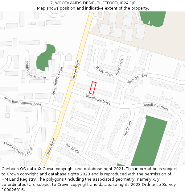 7, WOODLANDS DRIVE, THETFORD, IP24 1JP: Location map and indicative extent of plot