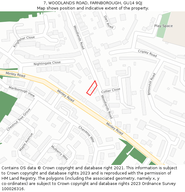 7, WOODLANDS ROAD, FARNBOROUGH, GU14 9QJ: Location map and indicative extent of plot