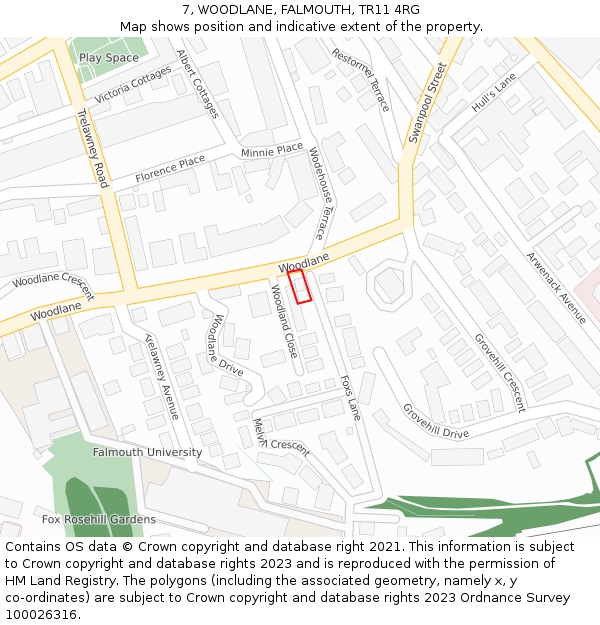 7, WOODLANE, FALMOUTH, TR11 4RG: Location map and indicative extent of plot