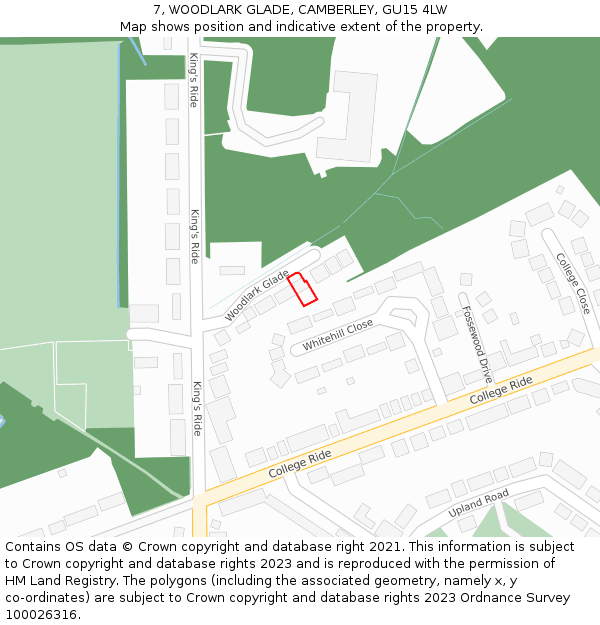 7, WOODLARK GLADE, CAMBERLEY, GU15 4LW: Location map and indicative extent of plot