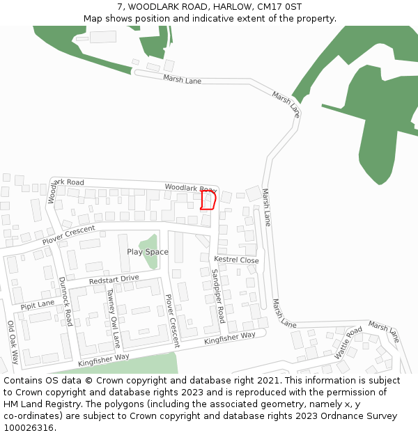 7, WOODLARK ROAD, HARLOW, CM17 0ST: Location map and indicative extent of plot