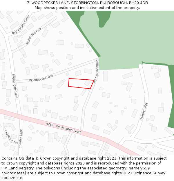 7, WOODPECKER LANE, STORRINGTON, PULBOROUGH, RH20 4DB: Location map and indicative extent of plot