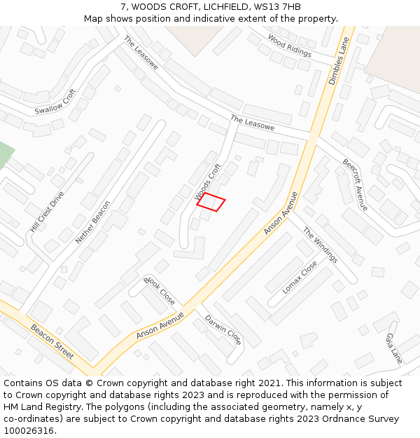 7, WOODS CROFT, LICHFIELD, WS13 7HB: Location map and indicative extent of plot