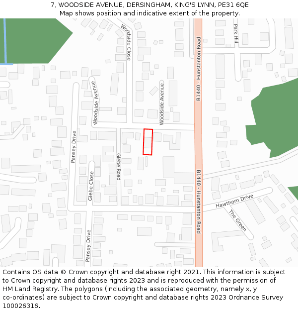 7, WOODSIDE AVENUE, DERSINGHAM, KING'S LYNN, PE31 6QE: Location map and indicative extent of plot
