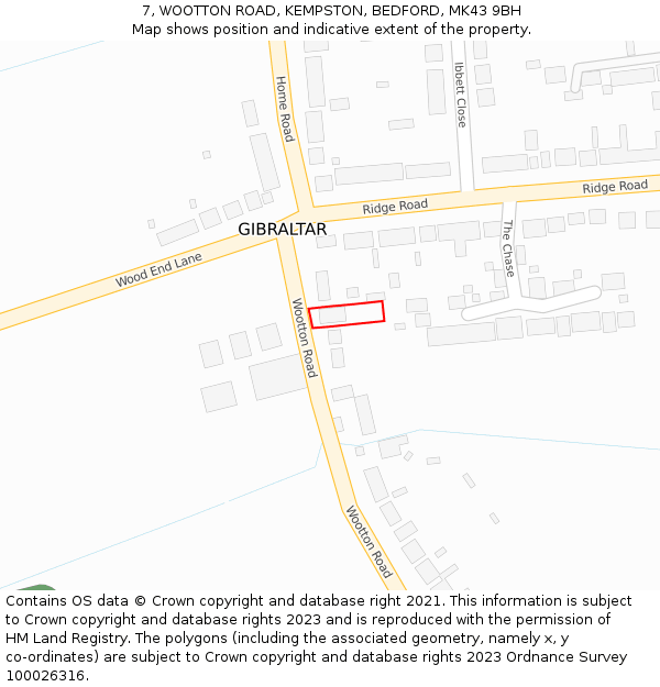 7, WOOTTON ROAD, KEMPSTON, BEDFORD, MK43 9BH: Location map and indicative extent of plot