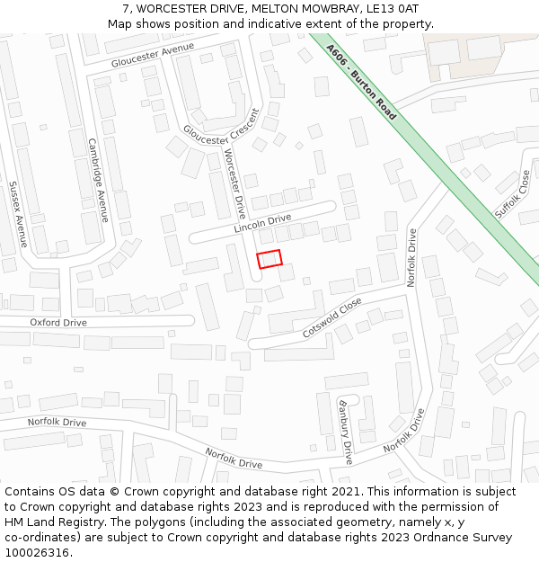 7, WORCESTER DRIVE, MELTON MOWBRAY, LE13 0AT: Location map and indicative extent of plot