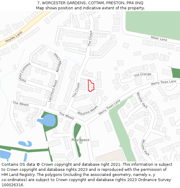 7, WORCESTER GARDENS, COTTAM, PRESTON, PR4 0NQ: Location map and indicative extent of plot