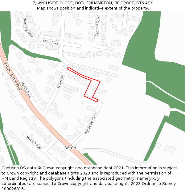 7, WYCHSIDE CLOSE, BOTHENHAMPTON, BRIDPORT, DT6 4SX: Location map and indicative extent of plot