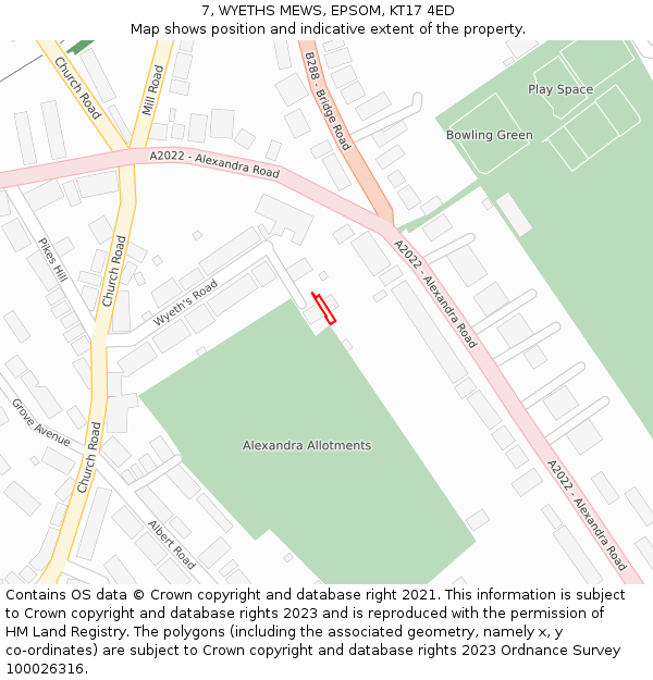 7, WYETHS MEWS, EPSOM, KT17 4ED: Location map and indicative extent of plot