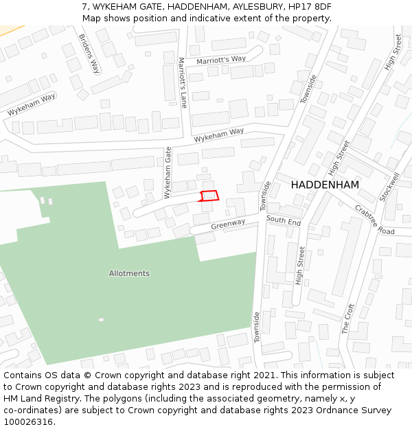 7, WYKEHAM GATE, HADDENHAM, AYLESBURY, HP17 8DF: Location map and indicative extent of plot