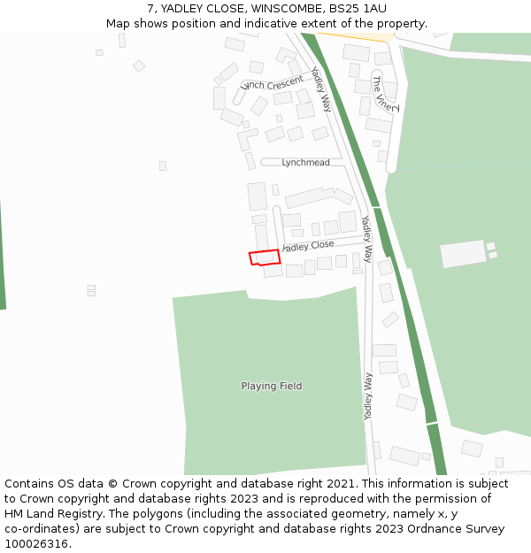 7, YADLEY CLOSE, WINSCOMBE, BS25 1AU: Location map and indicative extent of plot