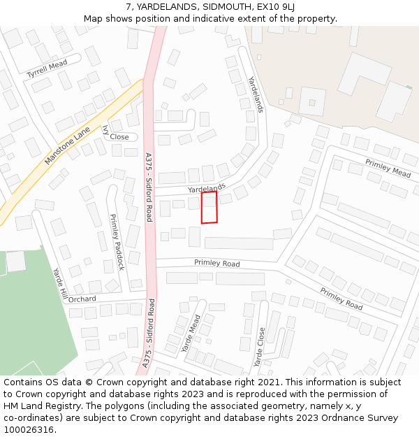 7, YARDELANDS, SIDMOUTH, EX10 9LJ: Location map and indicative extent of plot