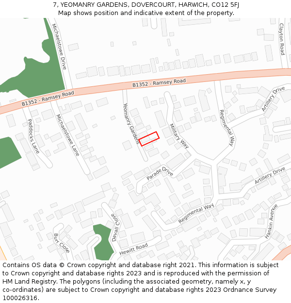 7, YEOMANRY GARDENS, DOVERCOURT, HARWICH, CO12 5FJ: Location map and indicative extent of plot