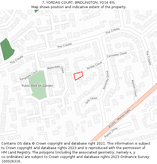 7, YORDAS COURT, BRIDLINGTON, YO16 6YL: Location map and indicative extent of plot