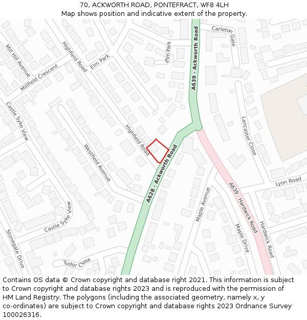 70, ACKWORTH ROAD, PONTEFRACT, WF8 4LH: Location map and indicative extent of plot