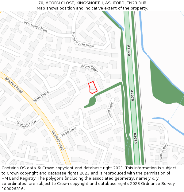 70, ACORN CLOSE, KINGSNORTH, ASHFORD, TN23 3HR: Location map and indicative extent of plot