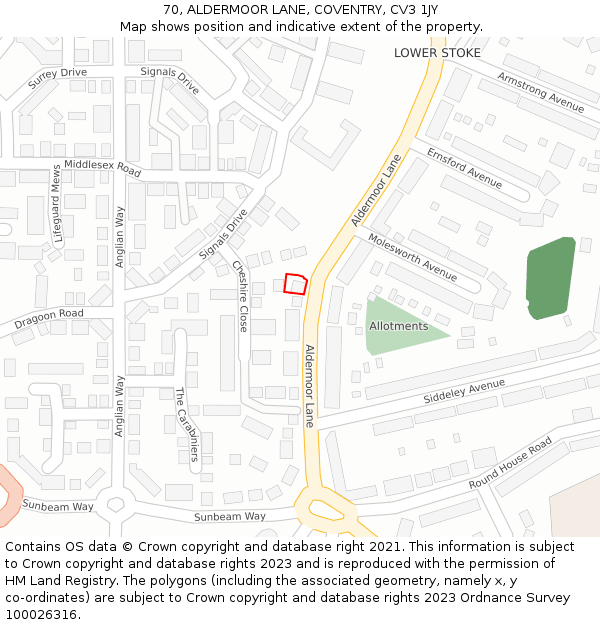 70, ALDERMOOR LANE, COVENTRY, CV3 1JY: Location map and indicative extent of plot