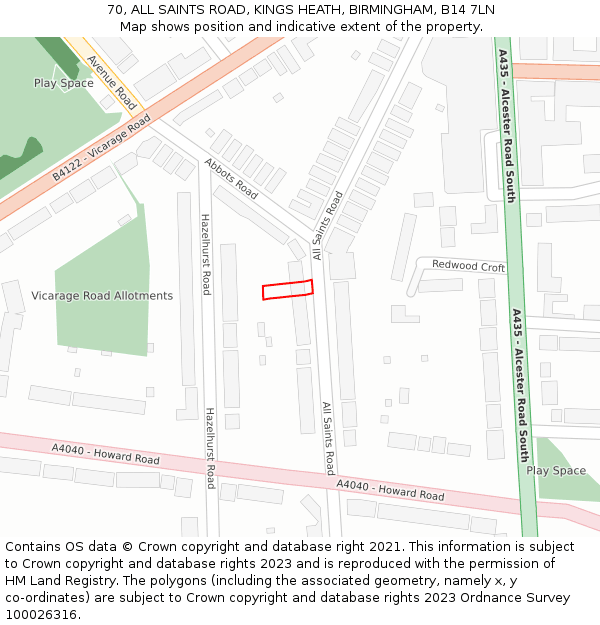 70, ALL SAINTS ROAD, KINGS HEATH, BIRMINGHAM, B14 7LN: Location map and indicative extent of plot