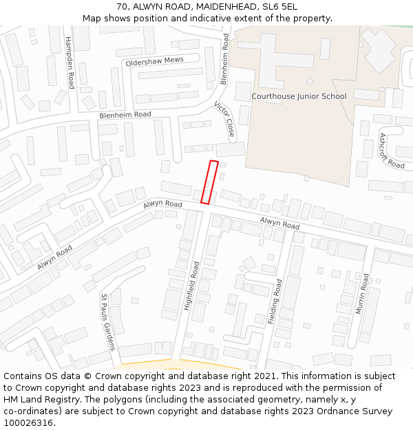 70, ALWYN ROAD, MAIDENHEAD, SL6 5EL: Location map and indicative extent of plot