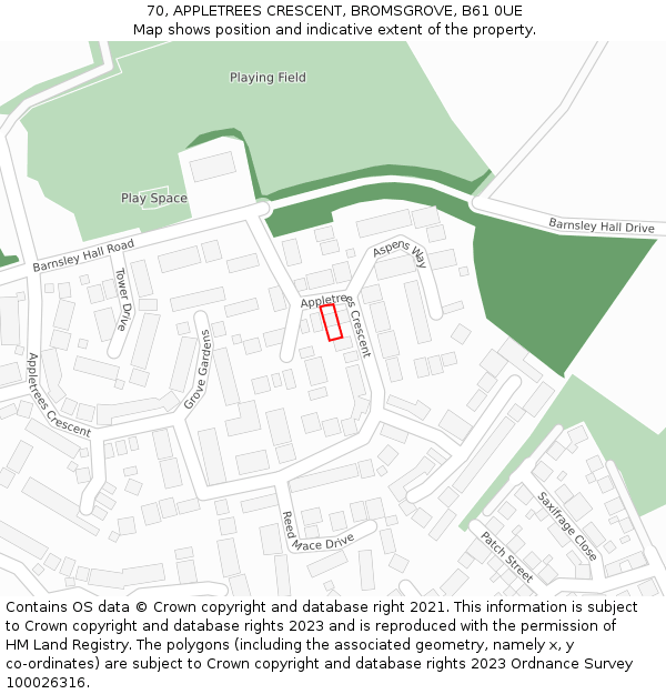 70, APPLETREES CRESCENT, BROMSGROVE, B61 0UE: Location map and indicative extent of plot