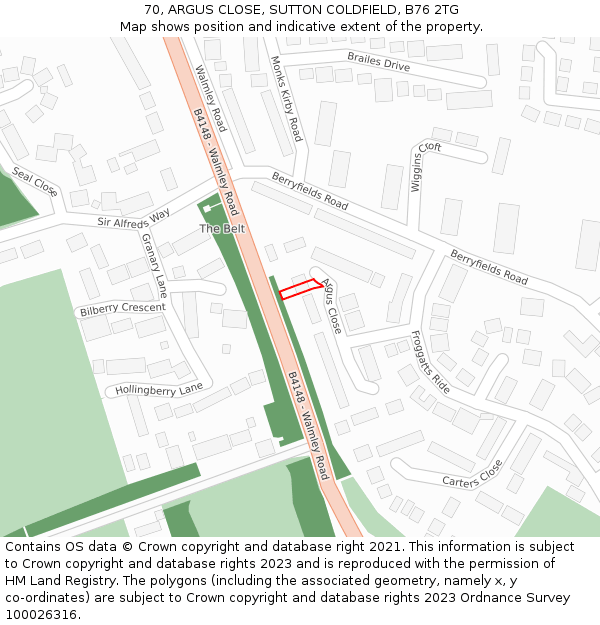 70, ARGUS CLOSE, SUTTON COLDFIELD, B76 2TG: Location map and indicative extent of plot