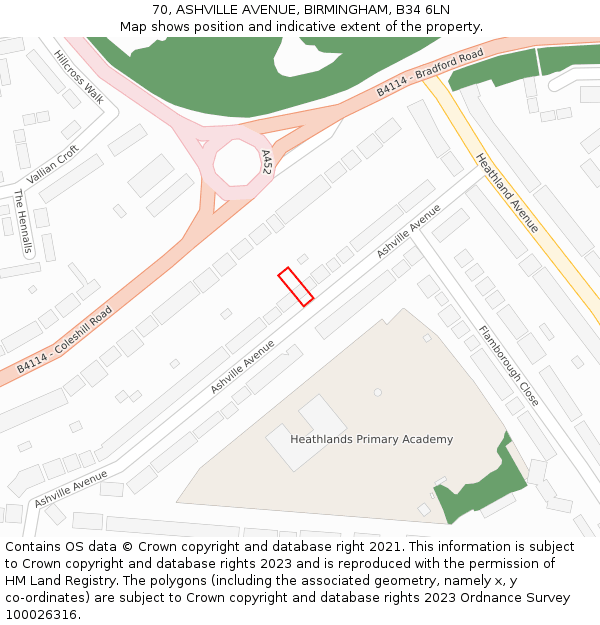 70, ASHVILLE AVENUE, BIRMINGHAM, B34 6LN: Location map and indicative extent of plot