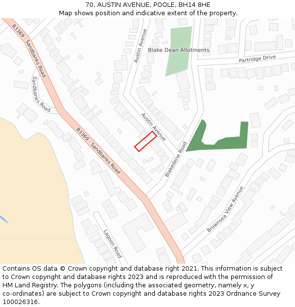 70, AUSTIN AVENUE, POOLE, BH14 8HE: Location map and indicative extent of plot